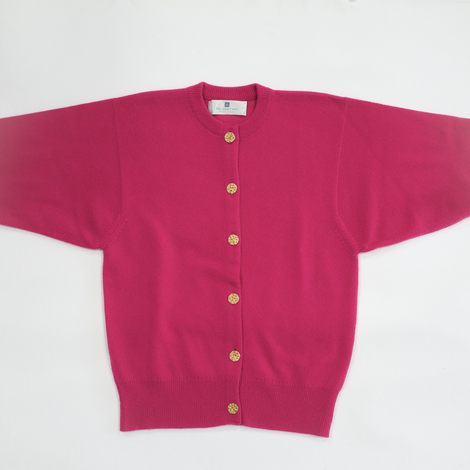 Ballantyne ヴィンテージ バランタイン・カシミヤクルーネックカーディガンクリロン・カーマインローズ