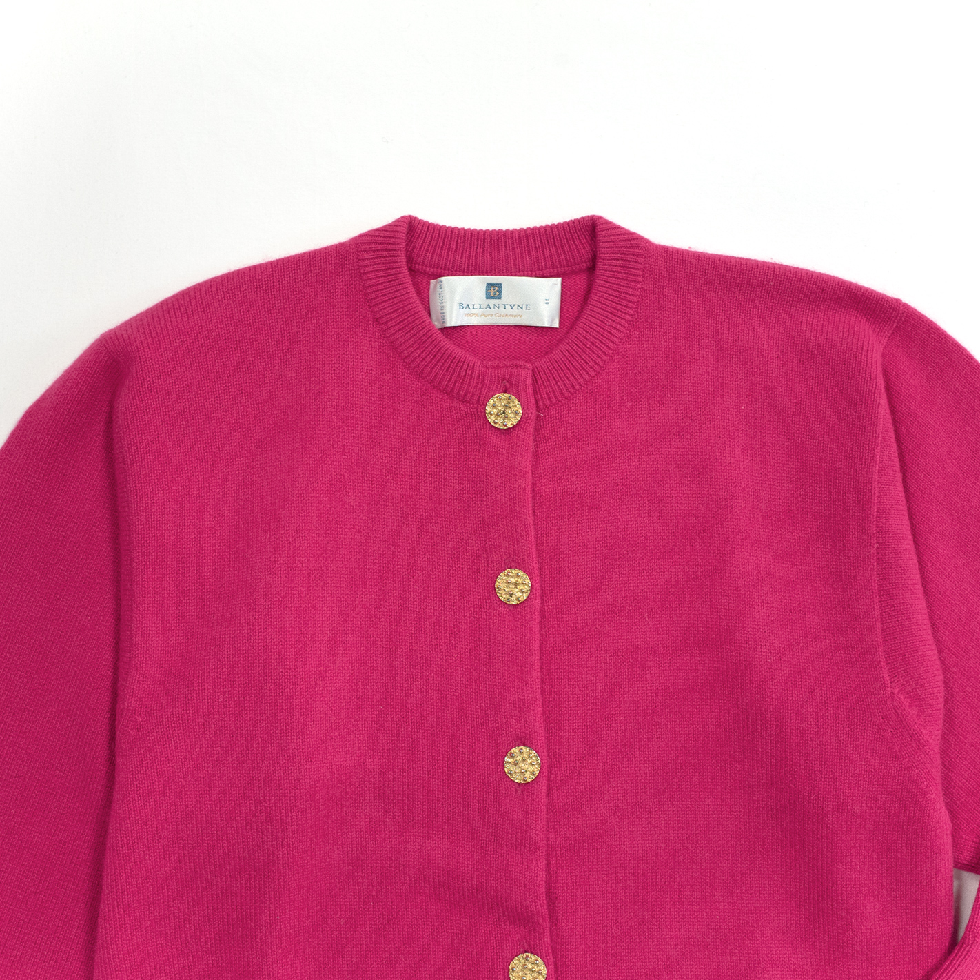 Ballantyne ヴィンテージ バランタイン・カシミヤクルーネックカーディガンクリロン・カーマインローズ